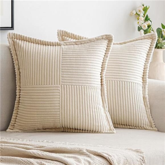 Corduroy Pillow Covers,20x20 Boho Striped Decorative Throw Pillow,Set of 2 Beige - Picture 1 of 7